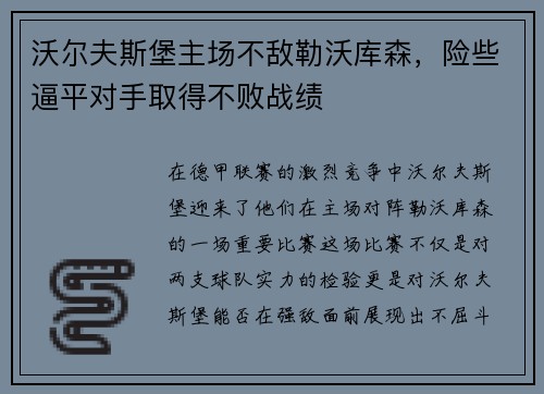 沃尔夫斯堡主场不敌勒沃库森，险些逼平对手取得不败战绩