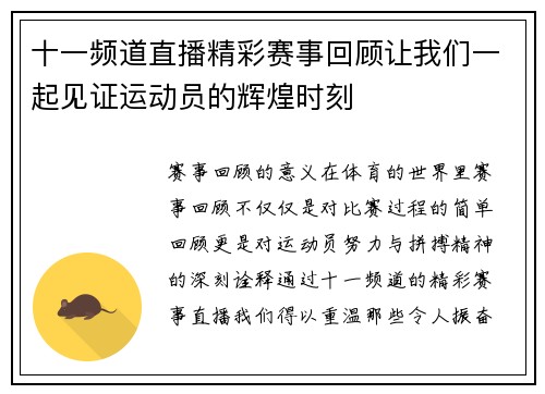 十一频道直播精彩赛事回顾让我们一起见证运动员的辉煌时刻